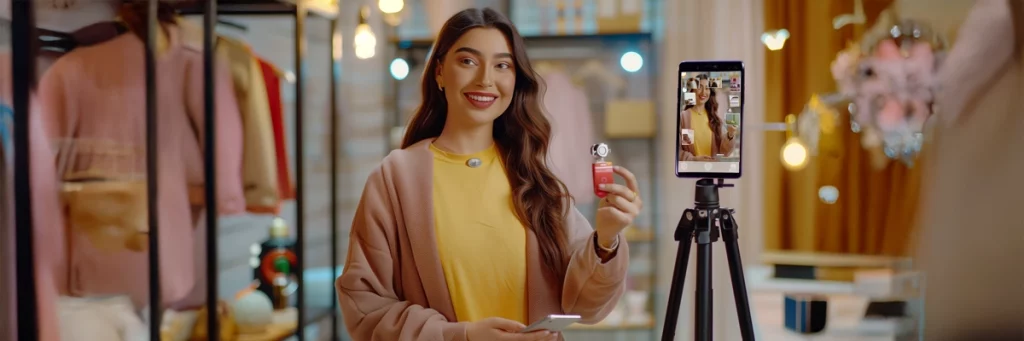 Frau präsentiert ein Parfüm live im Social-Commerce-Stream – Symbol für digitales Wachstum durch Live-Shopping auf Social Media. Branding. E-Commerce. Fulfillment.