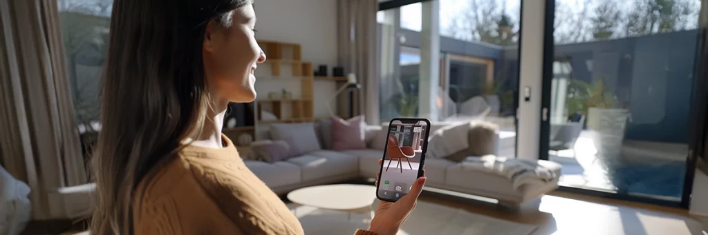 Frau nutzt AR-Funktion auf dem Smartphone, um einen virtuellen Stuhl im Wohnzimmer zu platzieren – Beispiel für Visual Commerce im D2C-Bereich.
