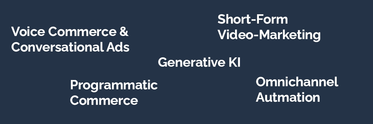 Begriffe zu E-Commerce-Marketing-Trends wie Voice Commerce, Programmatic Commerce, Generative KI und Omnichannel Automation auf dunkelblauem Hintergrund.