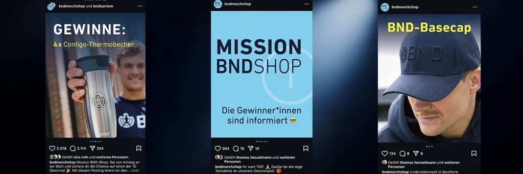 Drei Instagram-Posts des BND-Shops mit Gewinnspiel, Gewinnerverkündung und Produktvorstellung – Beispiel für Social Media Engagement und Markenkommunikation.