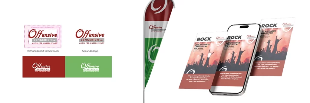 Logoentwicklung, Styleguide-Elemente und Eventkommunikation für die Initiative Offensive Lengerich – inklusive Flyer, Flagge und mobiler Vorschau.