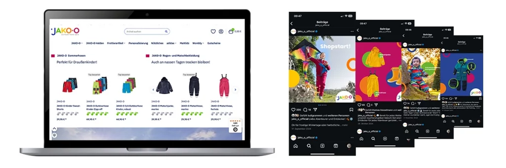 Laptop mit JAKO-O Online-Shop für Kinderkleidung und daneben mehrere Instagram-Beiträge mit bunten Kinder-Outfits, Symbol für Markenaufbau und Wachstum im digitalen Handel.