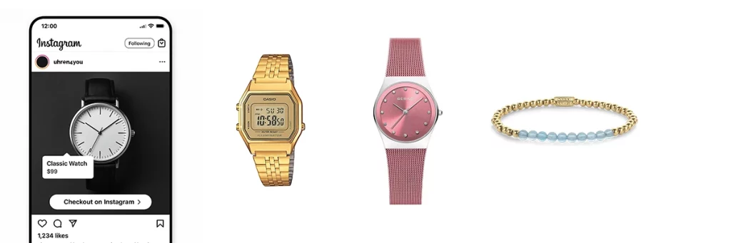 Verschiedene Uhrenmodelle und ein Armband neben einem Instagram-Shoppable-Post – Darstellung von Social Commerce im Uhren-Einzelhandel.