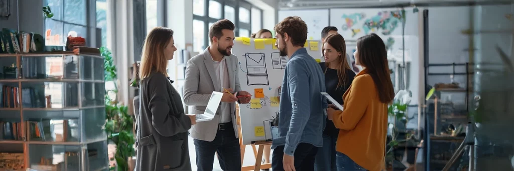 Team im Workshop zur digitalen Transformation mit Flipcharts, Laptops und Online-Shop-Strategien – Fokus auf Wettbewerb und digitale Markenentwicklung.