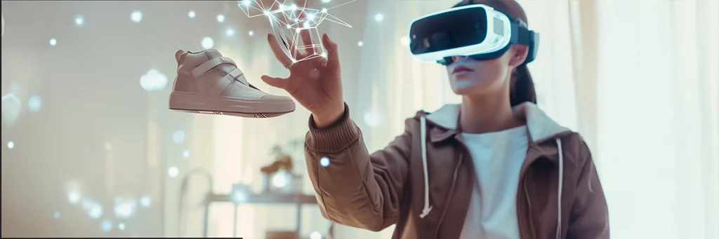 Frau mit VR-Brille interagiert mit einem virtuellen Sneaker – Symbol für immersive Commerce-Anwendungen im Mittelstand der Zukunft.