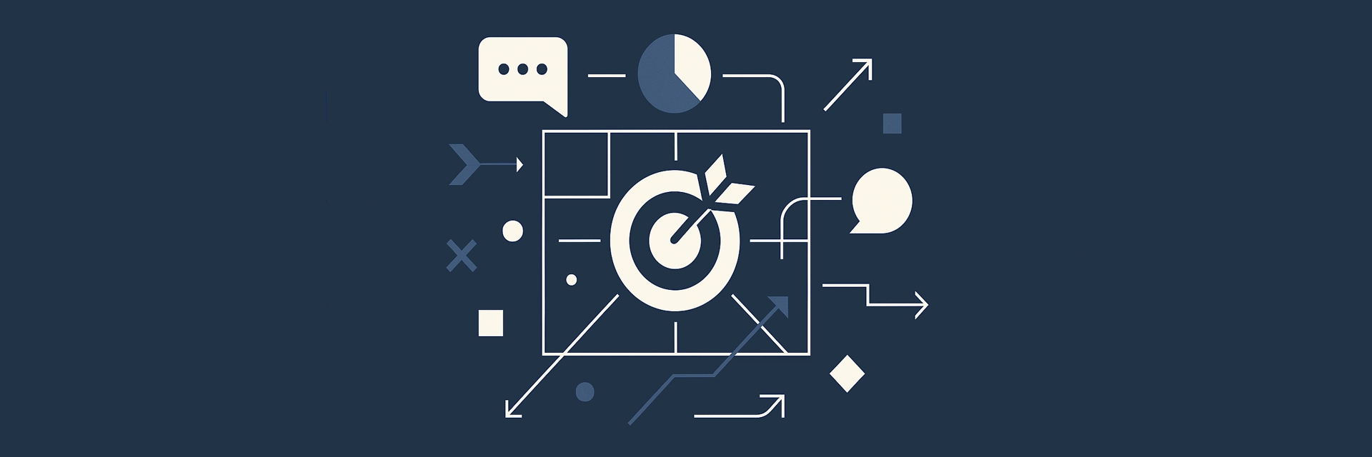 abstrakte illustration marketing strategieentwicklung mit symbolen für analyse, kommunikation und zielgerichtete markenplanung