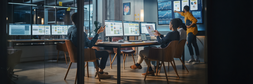 team optimiert online shop, monitore mit grafischen ux und cro analysen, personen diskutieren ergebnisse zur steigerung von conversion und performance