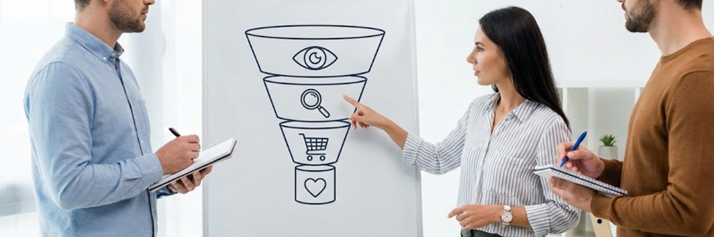 Drei Personen stehen vor einem gezeichneten Funnel mit Symbolen für Entdeckung, Erwägung, Kauf und Wiederkauf – sinnbildlich für D2C Business.