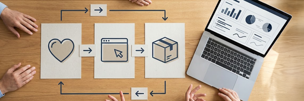 Karten für Marke, Shop und Logistik liegen mit Pfeilen verbunden auf einem Tisch, daneben ein Laptop mit Dashboard – Symbolbild für D2C Business.