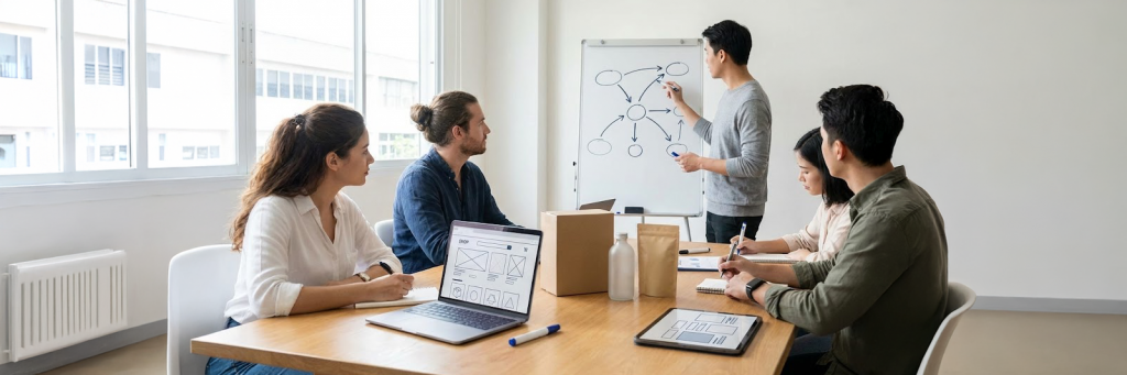 D2C Marketing Team plant im Workshop eine Roadmap mit Laptop, Tablet, Notizzetteln und Produktmustern an einem großen Tisch.