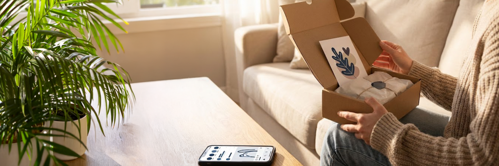 Person öffnet zu Hause eine D2C Produktbox auf dem Sofa, mit beiliegender Karte und Smartphone mit Community-App auf dem Tisch.