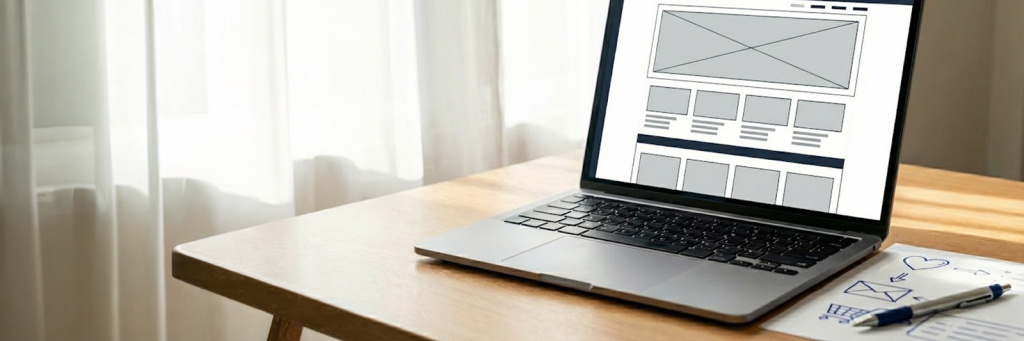 Laptop zeigt eine abstrahierte D2C Shop-Startseite, daneben liegen Notizzettel mit Symbolen und ein Stift.