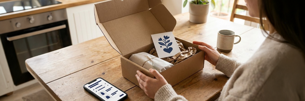 Person sitzt am Tisch und packt eine D2C-Bestellung aus einer Versandbox mit Karte und Produkt aus.