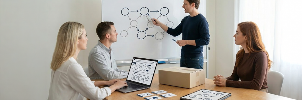 Kleines Team sitzt mit Laptop, Tablet und Versandbox an einem Tisch und entwickelt gemeinsam ein Konzept für einen D2C Shop.