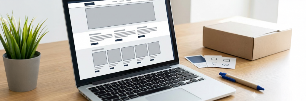 Laptop zeigt eine abstrahierte Shop-Startseite mit einheitlicher Bild- und Farbsprache, daneben liegen Marken-Symbolkarten und eine Verpackung.