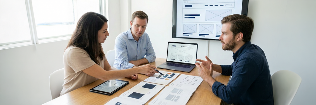 Drei Personen prüfen am Tisch digitale Markenrichtlinien auf Laptop und Styleguide-Seiten für den E-Commerce
