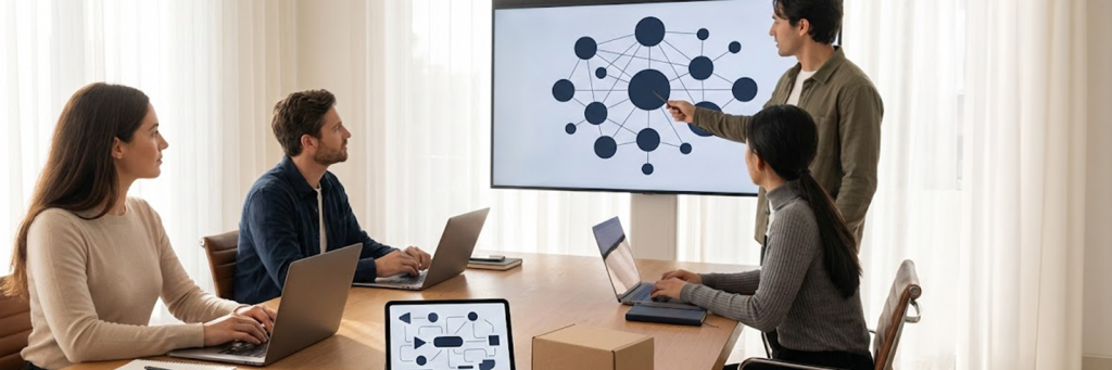 Vier Personen arbeiten in einem Workshop mit Laptops, Symbolkarten und Screen an einer digitalen Markenstrategie für den E-Commerce.