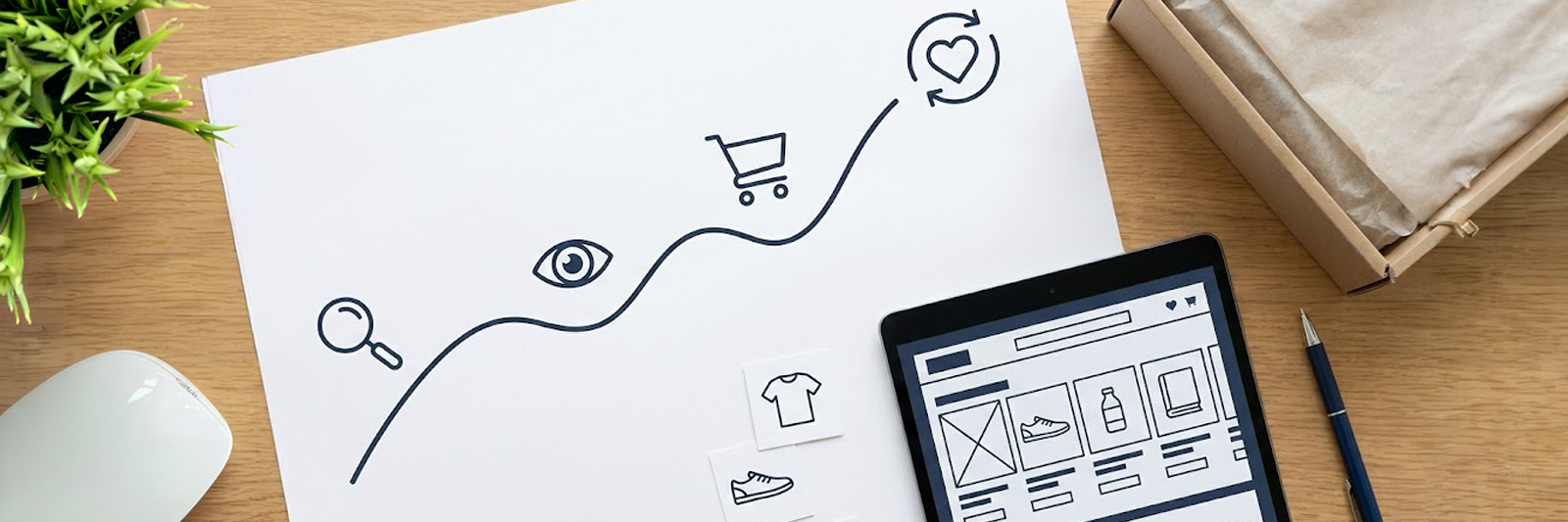 Skizzierte Customer Journey mit Symbolen, Produktkarten und Tablet mit Kategorieseite liegen auf einem Tisch – Symbol für e-Commerce Strategie.