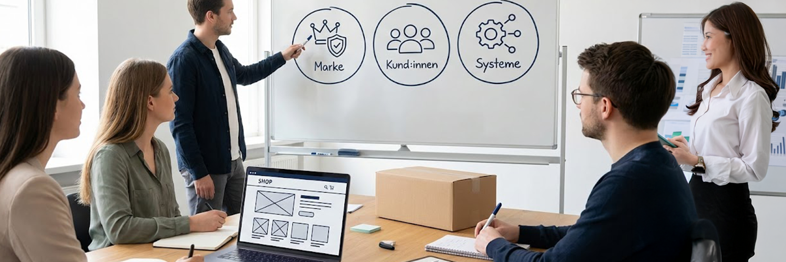 Kleines Team sitzt mit Laptop, Tablet und Versandbox an einem Tisch und entwickelt gemeinsam eine e-Commerce Strategie vor einem Whiteboard.