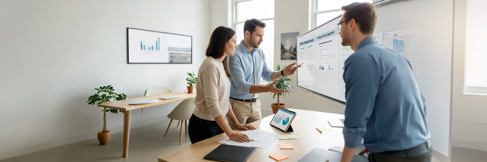 Team im modernen Büro arbeitet an der Entwicklung von E-Commerce 2026: Roadmap, KPI-Dashboard, Prioritätenliste – fokussiert und lösungsorientiert.