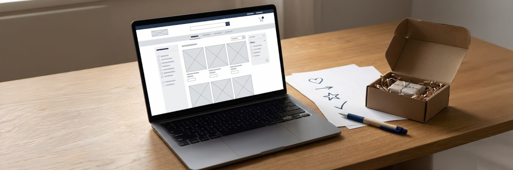 Laptop mit strukturierter Shop-Ansicht, Marken-Symbolkarten und Versandbox auf dem Tisch – Markenstrategie Agentur überträgt Markenkern in den E-Commerce.