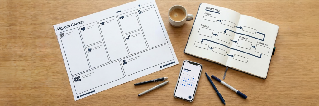 Brand-Canvas und Planungsnotizbuch liegen nebeneinander auf einem Tisch – Markenstrategie Agentur überführt Markenprofil in Marketingmaßnahmen.