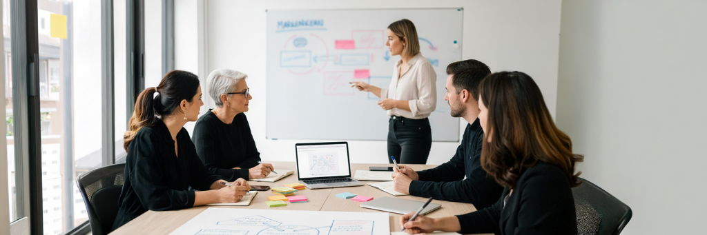 Markenstrategie Agentur moderiert einen Workshop mit mehreren Personen, Brand-Canvas, Whiteboard, Laptop und Versandbox im modernen Raum.