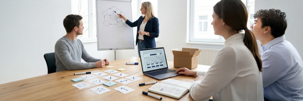 Team sitzt im Workshop zur Markenstrategie Beratung am Tisch: Moderatorin vor Whiteboard mit Markenwerten, Teilnehmende diskutieren und notieren Ideen auf Karten.