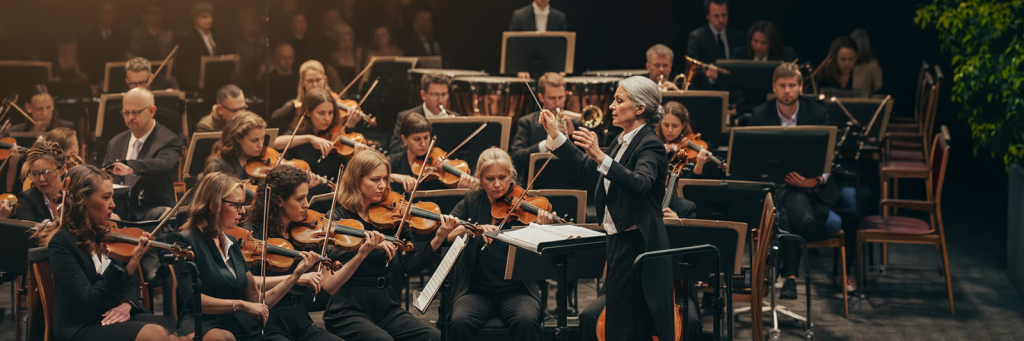 Orchester mit Dirigentin auf Bühne; Streicher, Bläser, Percussion im Zusammenspiel – sinnbildlich für marketing im online handel, bei dem Kanäle koordiniert wirken.