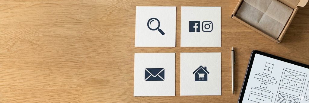 Karten mit Kanal-Symbolen, Tablet mit Diagrammen und Versandbox liegen auf einem Tisch und symbolisieren Multichannel Strategie im E-Commerce.