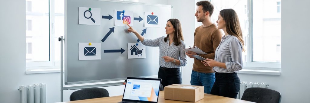 Drei Personen stehen vor einem Board mit Kanal-Icons und Pfeilen und planen eine Multichannel Strategie für den E-Commerce.