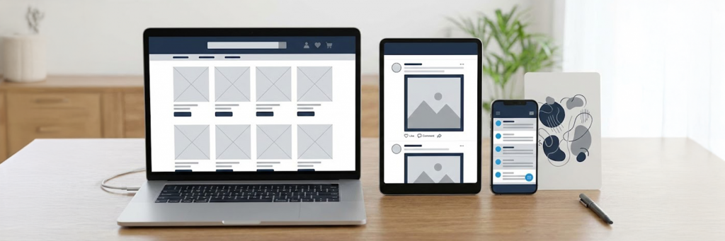 Laptop, Tablet und Smartphone zeigen unterschiedliche Oberflächen, die alle dasselbe visuelle Thema tragen – Symbol für eine konsistente Multichannel Strategie.