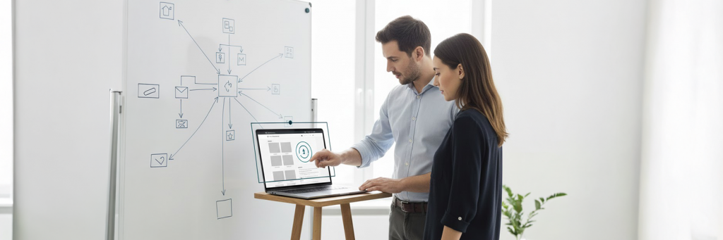 Team optimiert einen Online-Shop: Performance-Audit am Laptop, visuelle Sitemap-Skizze, Keyword-Map und Produktbild-Check, konzentrierte Szene.