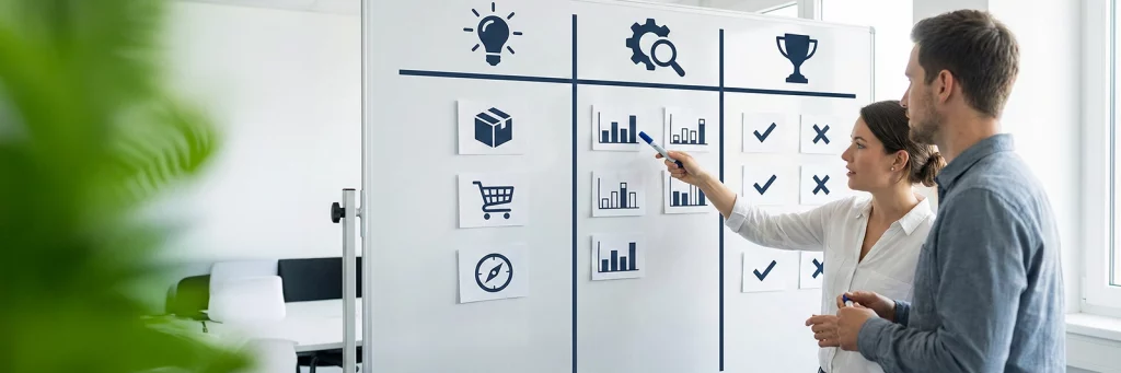 Zwei Personen stehen vor einem Whiteboard mit Ideen-, Test- und Ergebnis-Spalten für Maßnahmen zur Conversion-Optimierung im Online Shop.