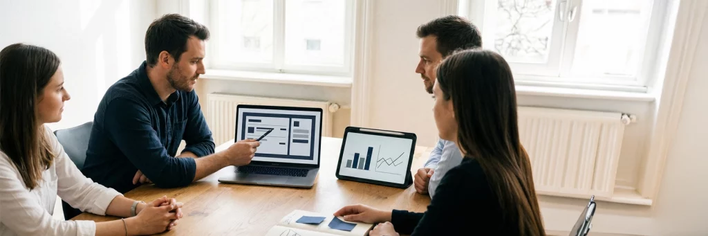 Kleines Team sitzt am Tisch, betrachtet Checkout und Kennzahlen und plant Maßnahmen zur Conversion-Optimierung im Online Shop.