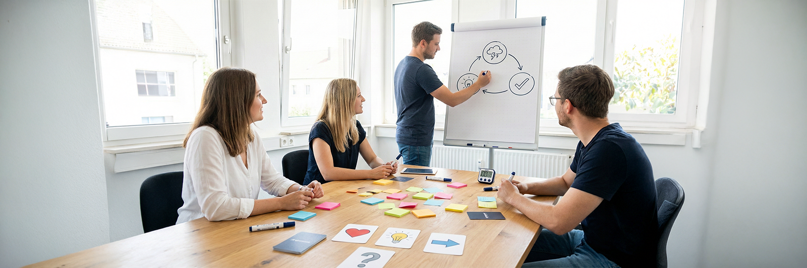 Vier Personen sitzen an einem Tisch mit Haftnotizen und Symbolkarten, eine Person erklärt am Flipchart den Ablauf eines Design Thinking Workshops.