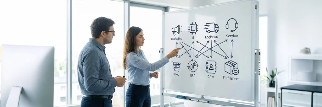 Zwei Personen stehen vor einem Whiteboard mit Symbolen für Teams und Systeme, die durch Pfeile verbunden sind – Einführung der E-Commerce Strategie.