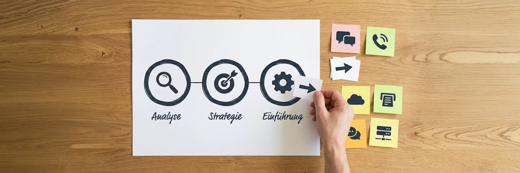 Roadmap mit drei Phasen – Analyse, Strategie, Einführung – symbolisiert e Commerce Strategie Entwicklung und Einführung.