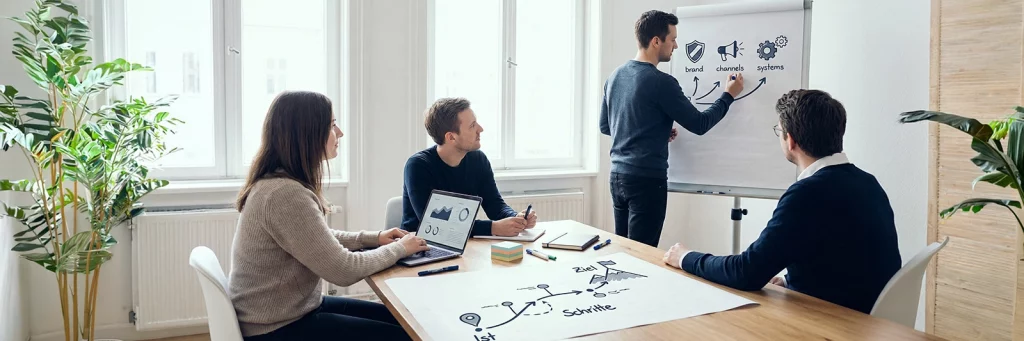 Kleines Team arbeitet im Workshop an einer Roadmap zur e Commerce Strategie Entwicklung und Einführung.