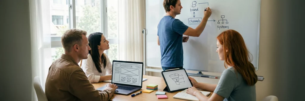 Kleine Gruppe im Strategieworkshop, die mit Whiteboard, Laptop und Post-its eine E-Commerce Strategie erarbeitet.