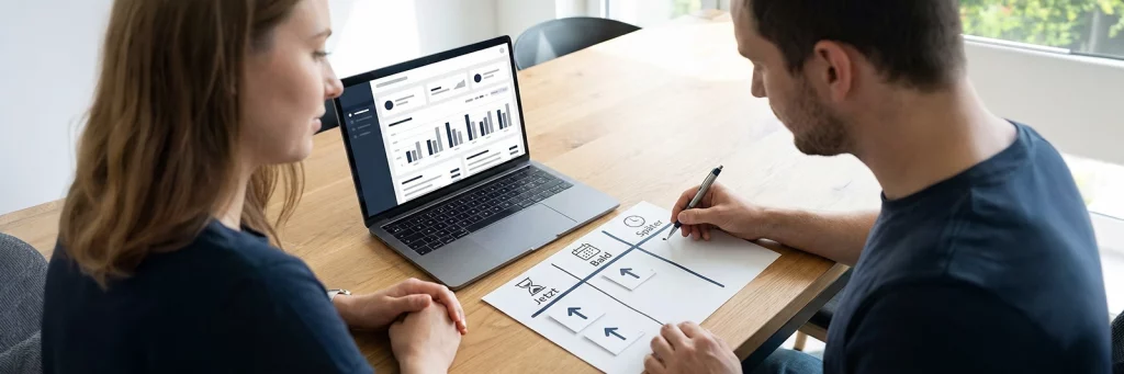 Zwei Personen betrachten E-Commerce-Kennzahlen auf einem Laptop und ordnen Wachstumsmaßnahmen auf einer Roadmap in „Jetzt“, „Bald“ und „Später“.