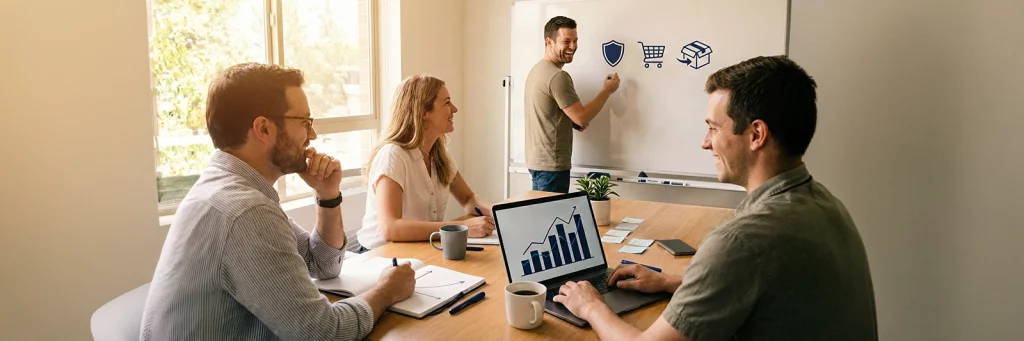 Vier Personen sitzen in einem Strategiemeeting, betrachten E-Commerce-Kennzahlen und skizzieren eine Wachstumskurve.