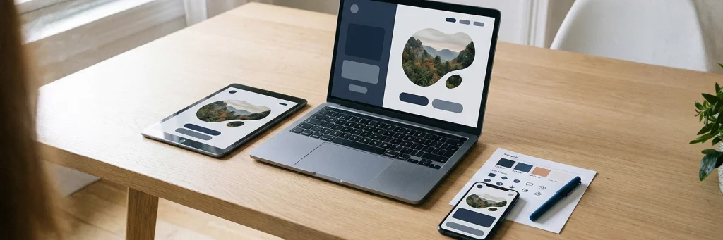 Laptop, Tablet und Smartphone zeigen ähnliche UI-Elemente einer Marke; daneben liegt ein Styleguide mit Farbfeldern – konsistente Markenidentität im Digitalen.