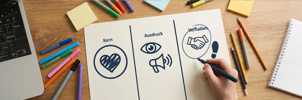 Modell mit drei Bereichen für Markenkern, Markenausdruck und Markenverhalten auf einem Blatt, eine Hand markiert den Bereich Verhalten.