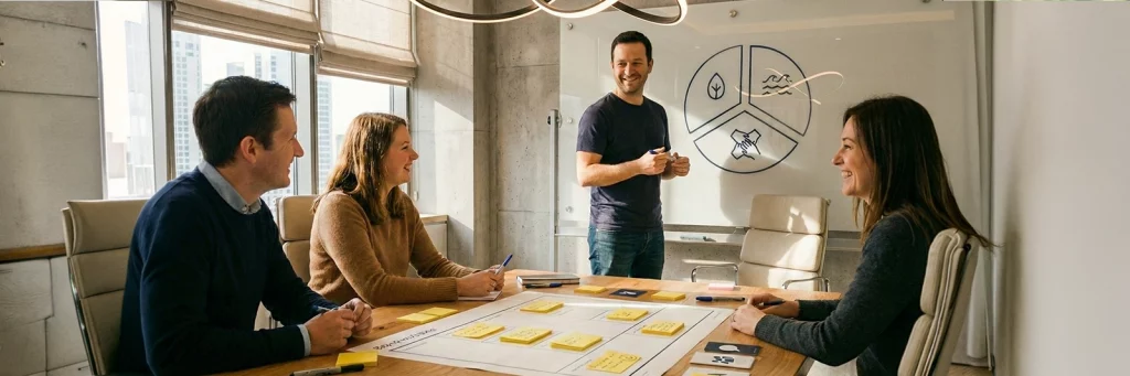 Kleines Team arbeitet im Workshop mit einem Brand-Canvas und Symbolkarten daran, Markenidentität zu entwickeln.