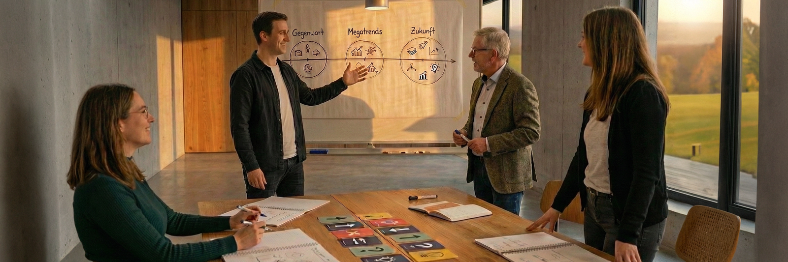 Kleine Gruppe im Workshop, die vor einem Whiteboard über Megatrends und Zukunftsszenarien diskutiert.