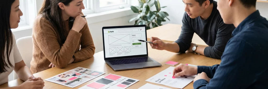 Team entwickelt Markenauftritt und Shopify-Shop-Entwurf gemeinsam im Workshop, um Design, Story und Nutzerführung aufeinander abzustimmen.