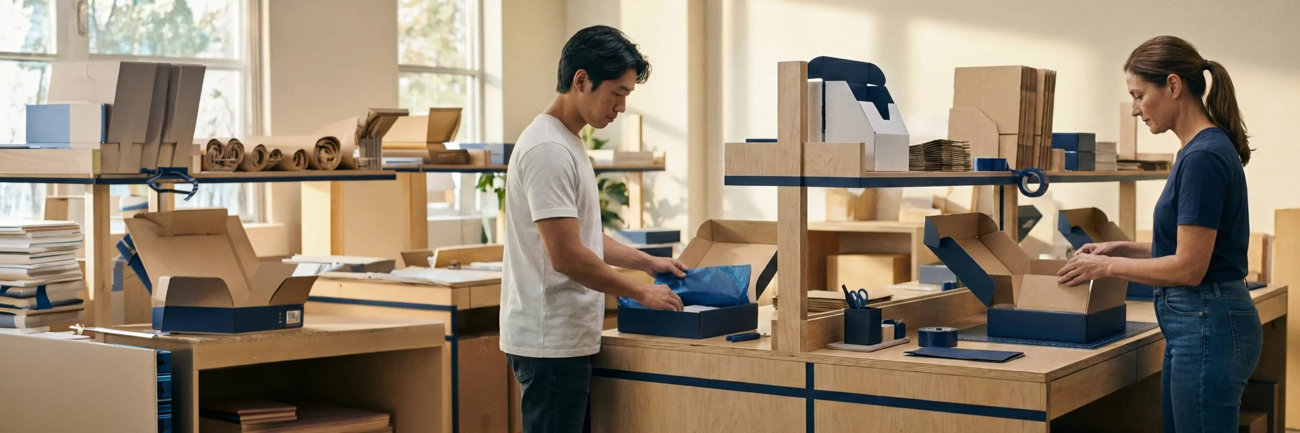 Mitarbeiter beim sorgfältigen Verpacken von Produkten in blauen Versandkartons an professionellen D2C-Packstationen.