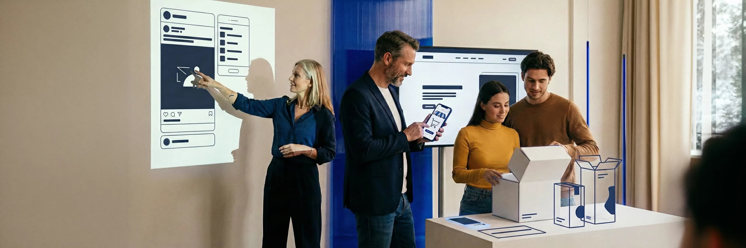 Ein Team bespricht ein ganzheitliches D2C-Markensystem und verbindet digitales E-Commerce-Design mit physischer Verpackung.