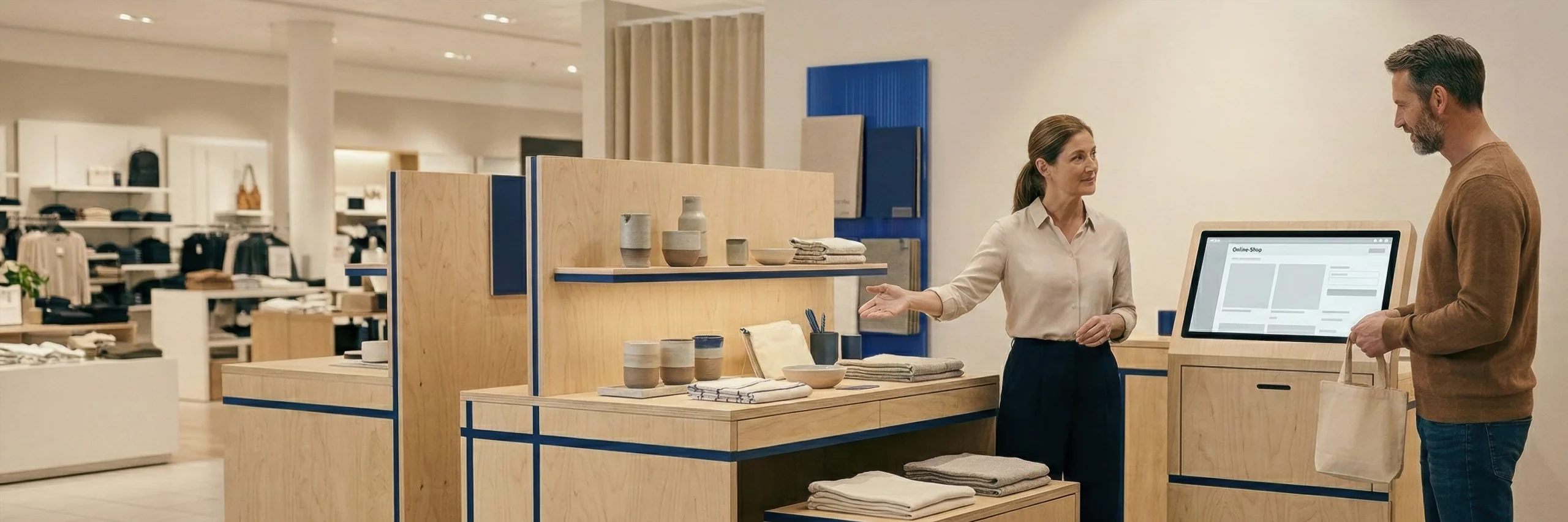 Eine Frau erklärt einem Kunden etwas an einem modularen Sperrholz-Verkaufsdisplay mit Mates-Blau-Akzenten.